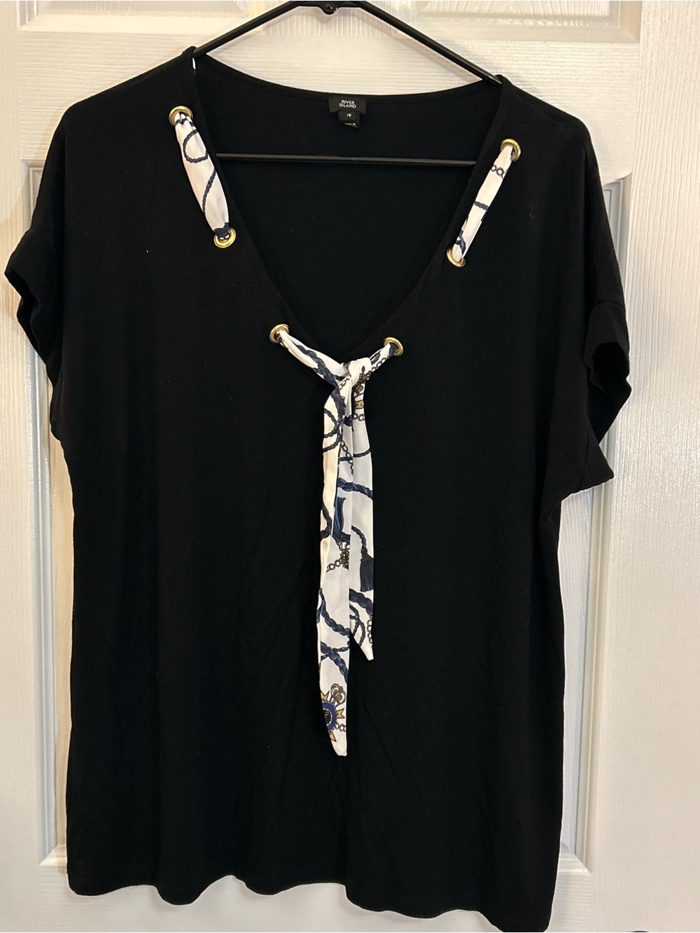 River Island Black Grommet Tie Neck Blouse Top Short Sleeve Women’s US 12